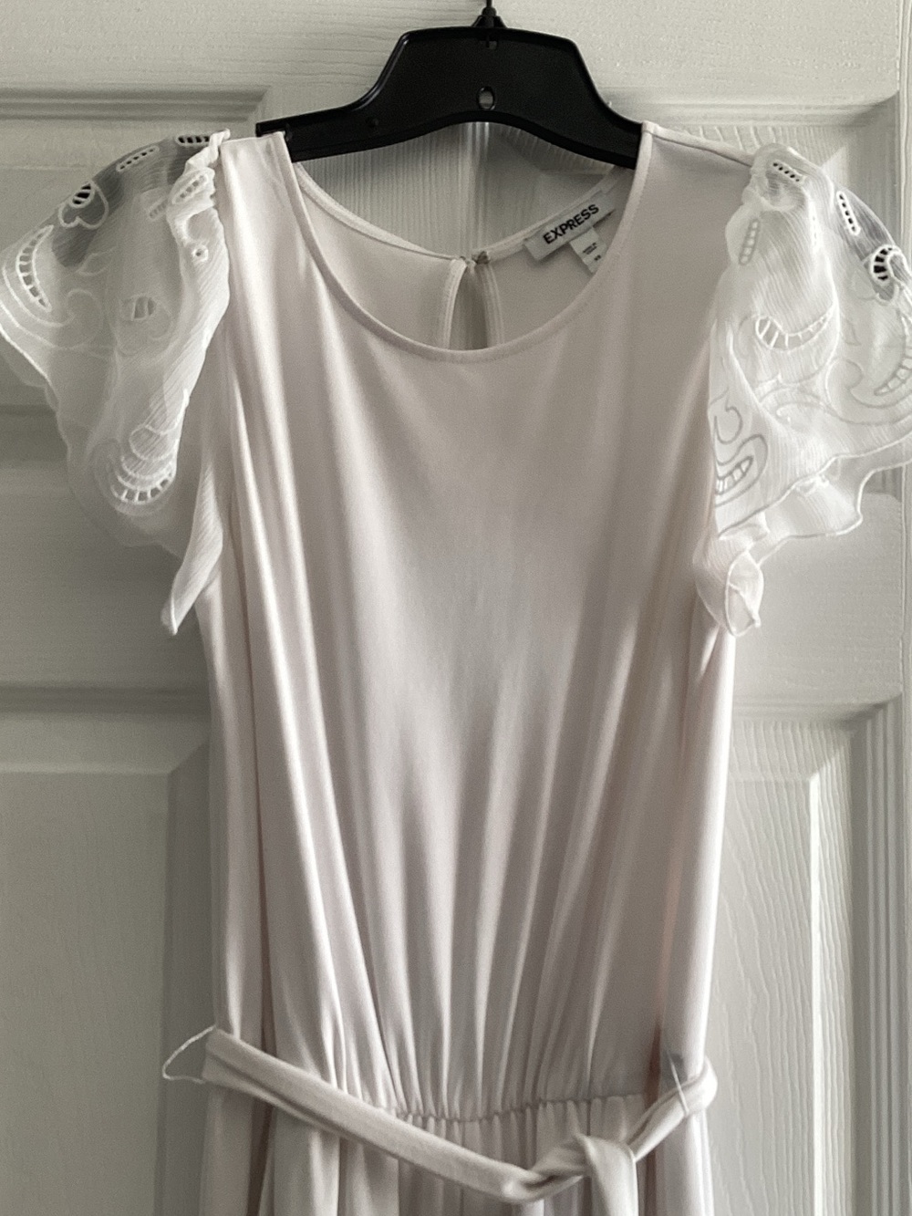 Express White Eyelet Puff Sleeve Belted Jumpsuit